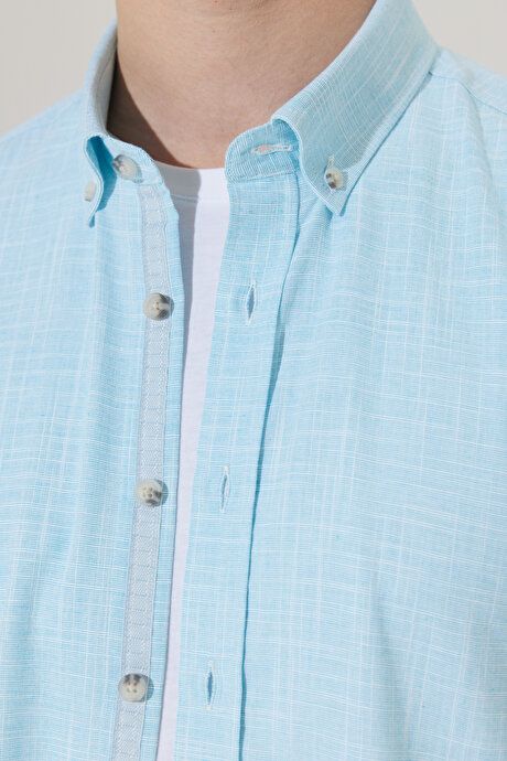 Slim Fit Slim Fit Button-down Collar Linen Look 100% Cotton Flared Turquoise Shirt 4A2023200006TRK