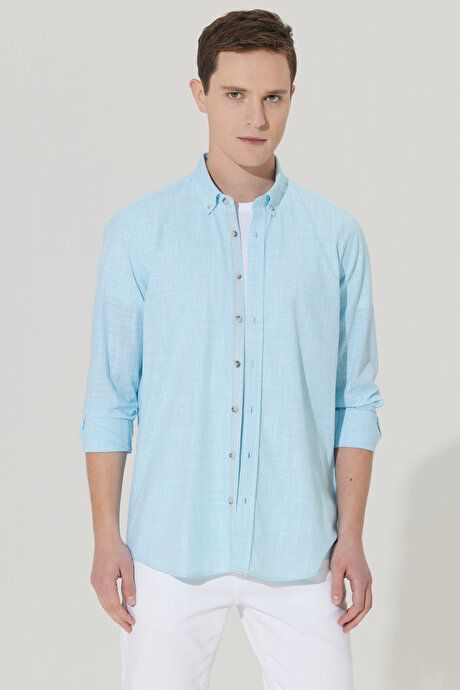 Slim Fit Slim Fit Button-down Collar Linen Look 100% Cotton Flared Turquoise Shirt 4A2023200006TRK