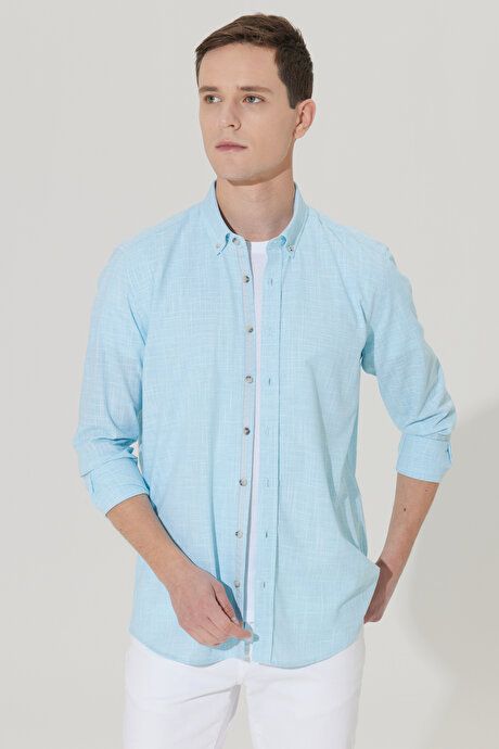 Slim Fit Slim Fit Button-down Collar Linen Look 100% Cotton Flared Turquoise Shirt 4A2023200006TRK