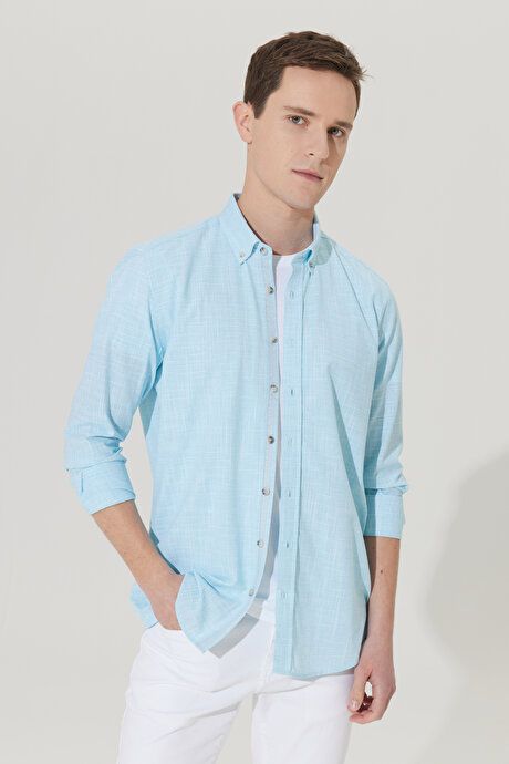 Slim Fit Slim Fit Button-down Collar Linen Look 100% Cotton Flared Turquoise Shirt 4A2023200006TRK