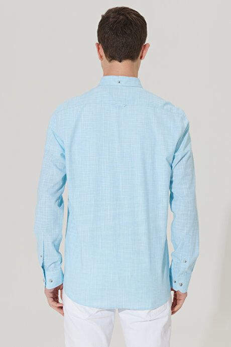 Slim Fit Slim Fit Button-down Collar Linen Look 100% Cotton Flared Turquoise Shirt 4A2023200006TRK