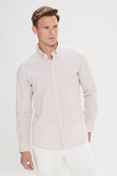 Comfort Fit Relaxed Fit Button-down Collar Cotton Checked White-Beige Shirt 4A2024200009BJZ