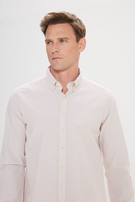 Comfort Fit Relaxed Fit Button-down Collar Cotton Checked White-Beige Shirt 4A2024200009BJZ