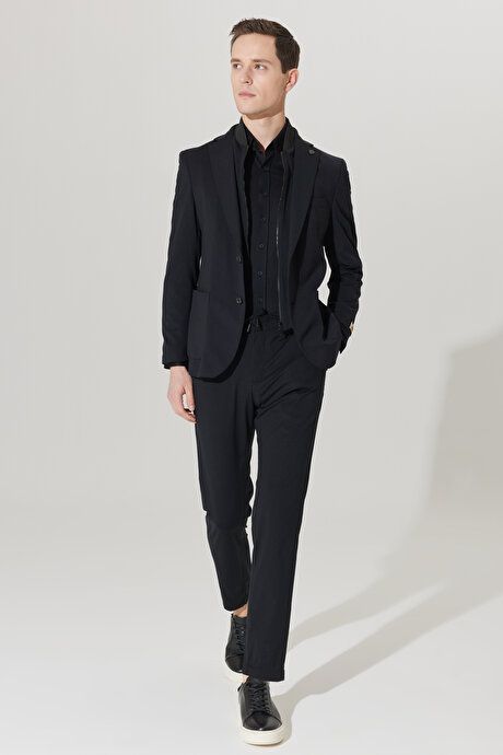 Slim Fit Slim Fit Narrow Cut Italian Fabric Extra Comfortable Non-Pilling Mono Collar Black Suit 4A3023100063SYH