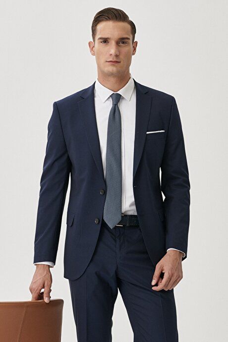 Slim Fit Slim Fit Mono Collar Navy Blue Suit 4A3023100071LAC