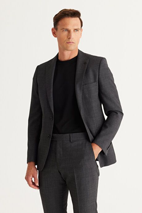 Slim Fit Slim Fit Swallow Neck Cordura Fabric Patterned Woolen Anthracite Suit 4A3024100008ATR