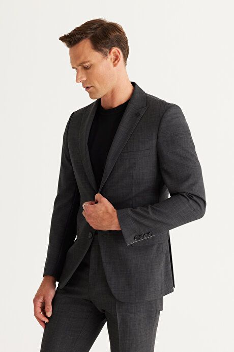 Slim Fit Slim Fit Swallow Neck Cordura Fabric Patterned Woolen Anthracite Suit 4A3024100008ATR