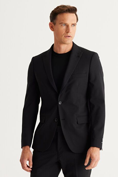 Slim Fit Slim Fit Swallow Neck Cordura Fabric Patterned Woolen Black Suit 4A3024100009SYH