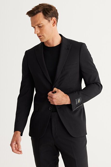 Slim Fit Slim Fit Swallow Neck Cordura Fabric Patterned Woolen Black Suit 4A3024100009SYH