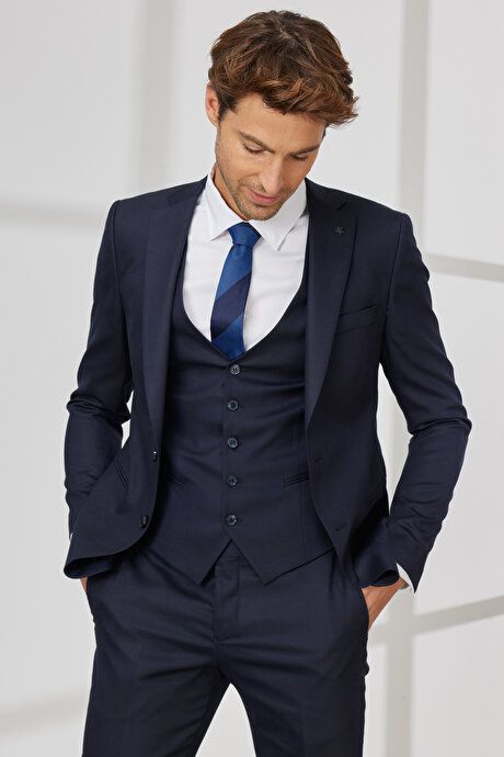 Extra Slim Fit Slim Fit Slim Fit Wool Dobby Vest Navy Blue Vest Suit 4A3123200007LAC