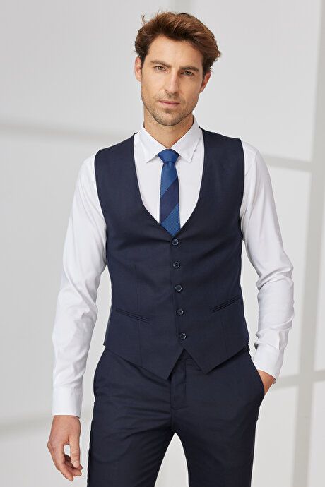 Extra Slim Fit Slim Fit Slim Fit Wool Dobby Vest Navy Blue Vest Suit 4A3123200007LAC