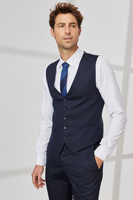 Extra Slim Fit Slim Fit Slim Fit Wool Dobby Vest Navy Blue Vest Suit 4A3123200007LAC