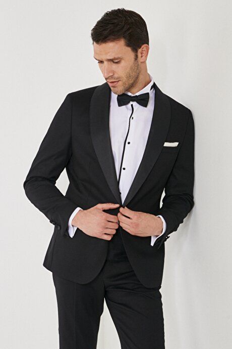 Slim Fit Slim Fit Mono Collar Herringbone Patterned Black Tuxedo Suit 4A3221200022SYH