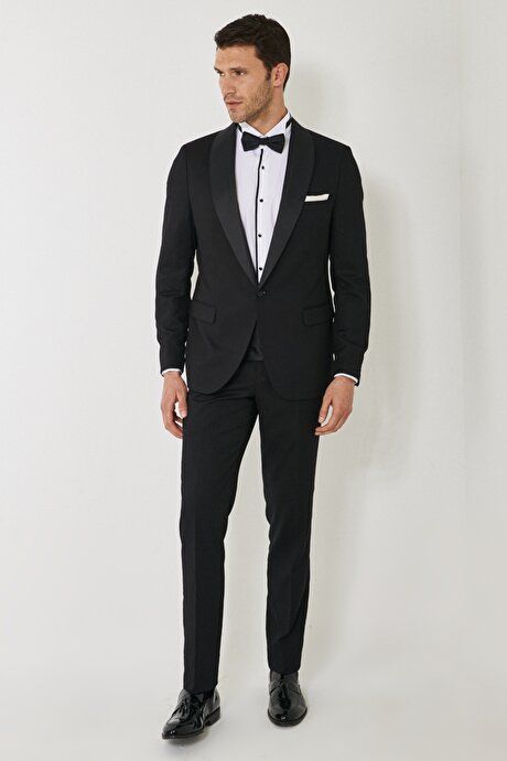 Slim Fit Slim Fit Mono Collar Herringbone Patterned Black Tuxedo Suit 4A3221200022SYH