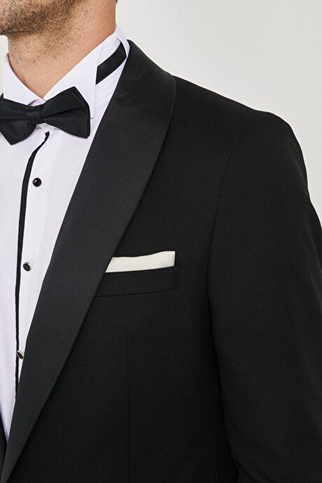 Slim Fit Slim Fit Mono Collar Herringbone Patterned Black Tuxedo Suit 4A3221200022SYH