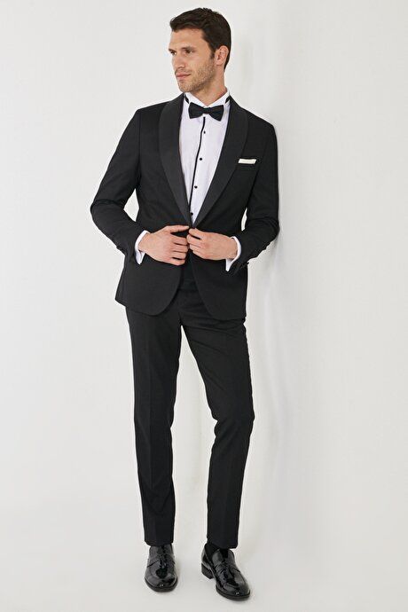 Slim Fit Slim Fit Mono Collar Herringbone Patterned Black Tuxedo Suit 4A3221200022SYH