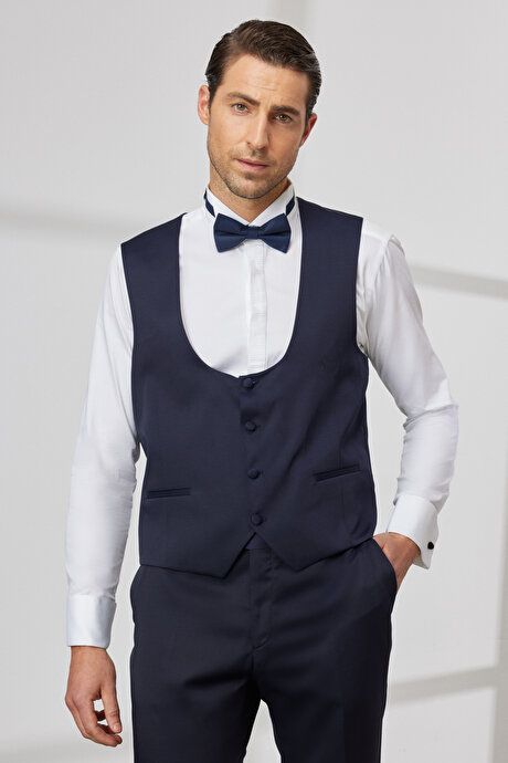 Slim Fit Narrow Fit Swallow Collar Dobby Vest Navy Blue Tuxedo Suit 4A3323200054LAC