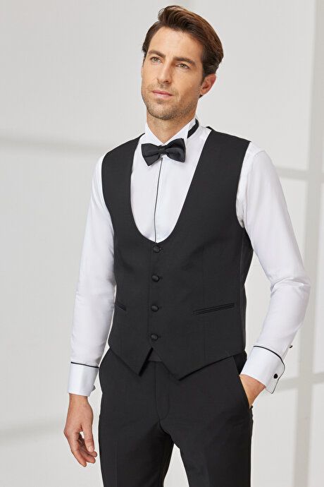 Slim Fit Slim Fit U-Neck Patterned Classic Black Vest 4A3400000003SYH