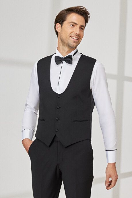 Slim Fit Slim Fit U-Neck Patterned Classic Black Vest 4A3400000003SYH