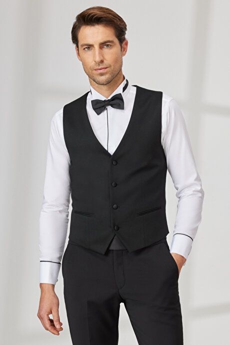 Slim Fit Slim Fit V-Neck Classic Black Vest 4A3400000004SYH