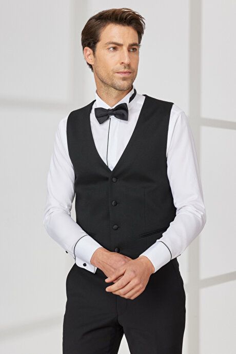 Slim Fit Slim Fit V-Neck Classic Black Vest 4A3400000004SYH