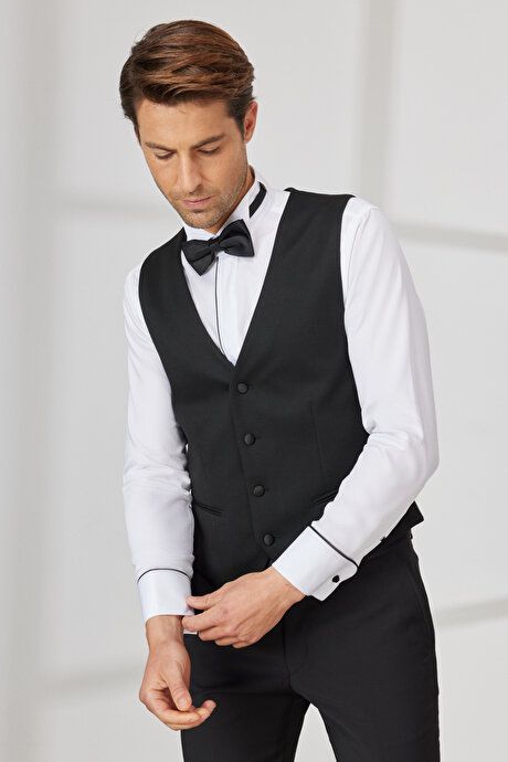 Slim Fit Slim Fit V-Neck Classic Black Vest 4A3400000004SYH