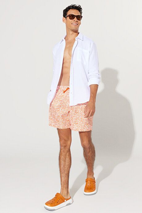 Standard Fit Regular Fit Quick Drying Patterned White-Orange Swimsuit Sea Shorts with Pockets 4A4723200001BTU