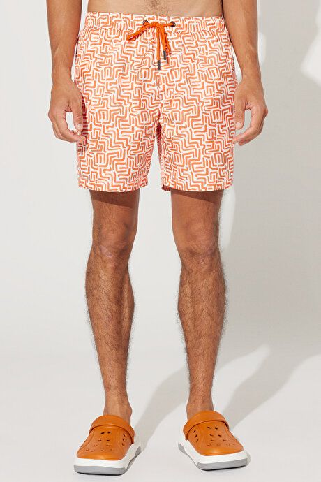 Standard Fit Regular Fit Quick Drying Patterned White-Orange Swimsuit Sea Shorts with Pockets 4A4723200001BTU