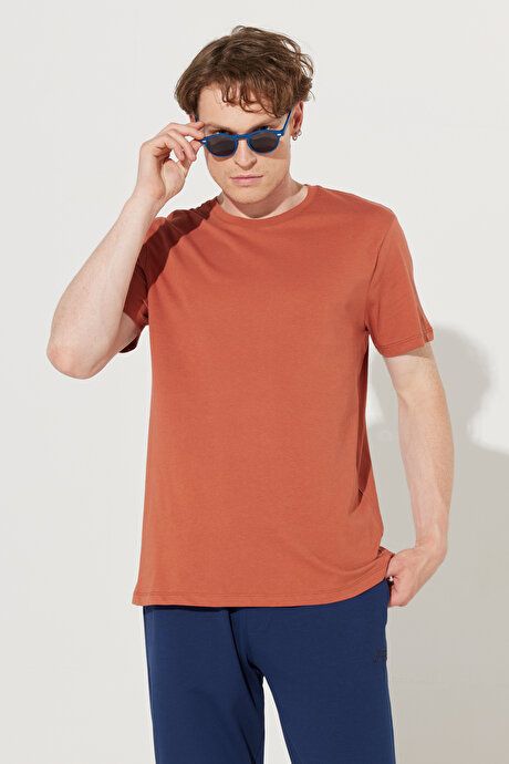 Slim Fit Slim Fit Crew Neck 100% Cotton Short Sleeve Light Brown T-Shirt 4A4800000001AKH