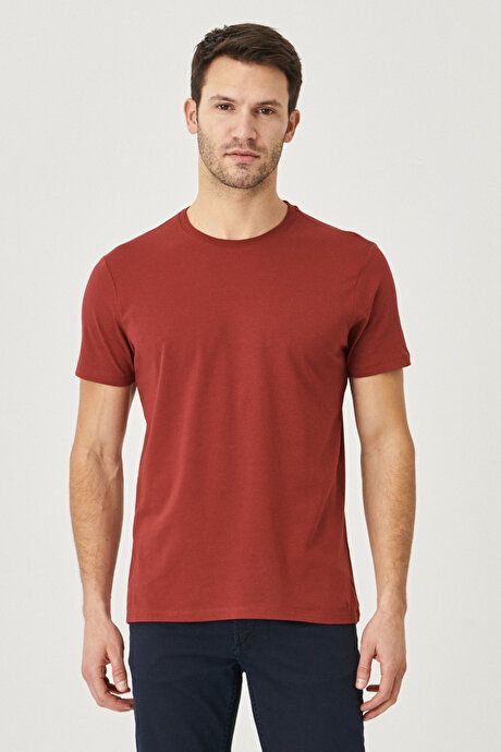 Slim Fit Slim Fit Crew Neck 100% Cotton Short Sleeve Burgundy T-Shirt 4A4800000001BRD