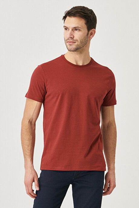 Slim Fit Slim Fit Crew Neck 100% Cotton Short Sleeve Burgundy T-Shirt 4A4800000001BRD