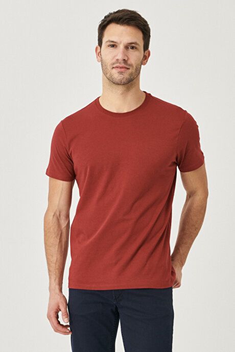 Slim Fit Slim Fit Crew Neck 100% Cotton Short Sleeve Burgundy T-Shirt 4A4800000001BRD