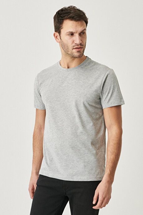 Slim Fit Slim Fit Crew Neck 100% Cotton Short Sleeve Gray Melange T-Shirt 4A4800000001GMJ