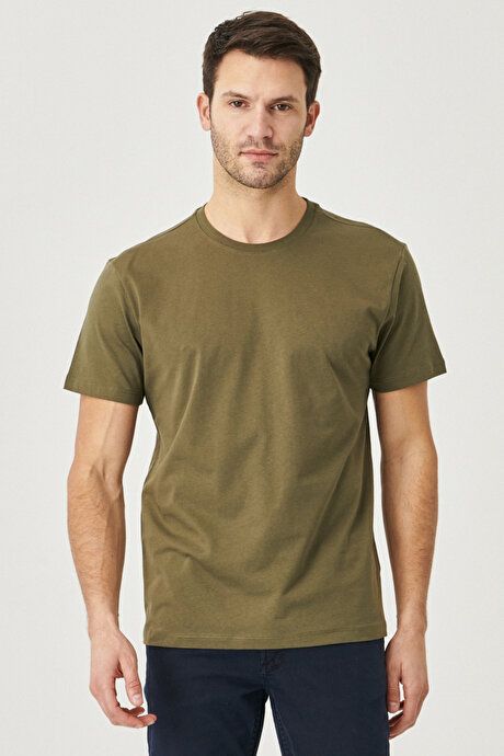 Slim Fit Slim Fit Crew Neck 100% Cotton Short Sleeve Khaki T-Shirt 4A4800000001HAK