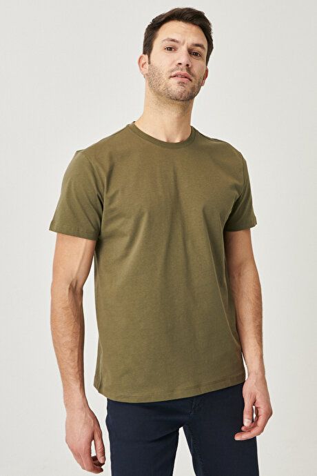 Slim Fit Slim Fit Crew Neck 100% Cotton Short Sleeve Khaki T-Shirt 4A4800000001HAK