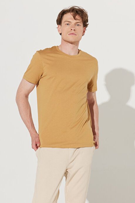 Slim Fit Slim Fit Crew Neck 100% Cotton Short Sleeve Mustard T-Shirt 4A4800000001HRD