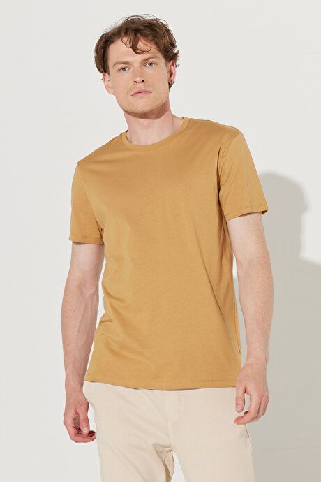 Slim Fit Slim Fit Crew Neck 100% Cotton Short Sleeve Mustard T-Shirt 4A4800000001HRD