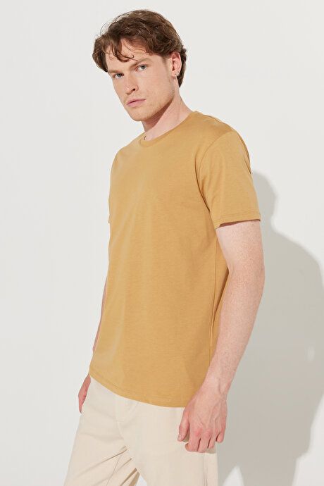 Slim Fit Slim Fit Crew Neck 100% Cotton Short Sleeve Mustard T-Shirt 4A4800000001HRD