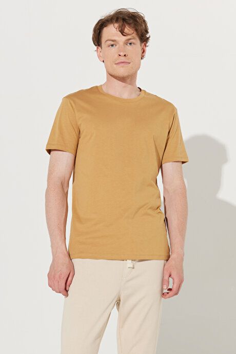 Slim Fit Slim Fit Crew Neck 100% Cotton Short Sleeve Mustard T-Shirt 4A4800000001HRD