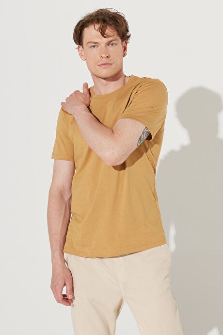 Slim Fit Slim Fit Crew Neck 100% Cotton Short Sleeve Mustard T-Shirt 4A4800000001HRD