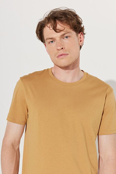 Slim Fit Slim Fit Crew Neck 100% Cotton Short Sleeve Mustard T-Shirt 4A4800000001HRD