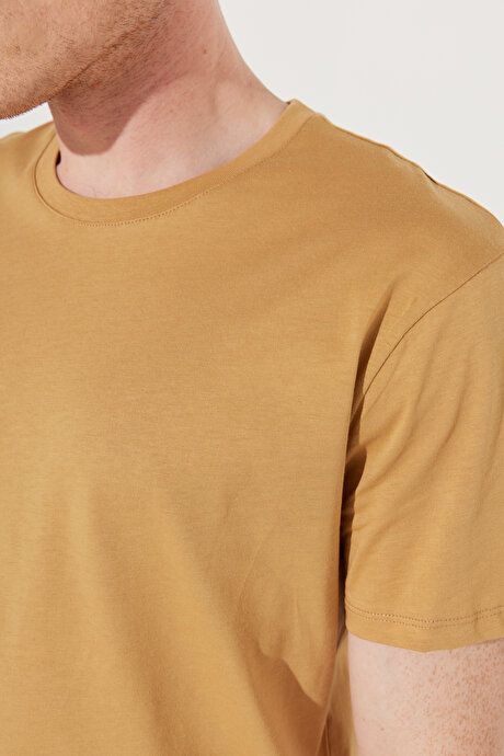 Slim Fit Slim Fit Crew Neck 100% Cotton Short Sleeve Mustard T-Shirt 4A4800000001HRD