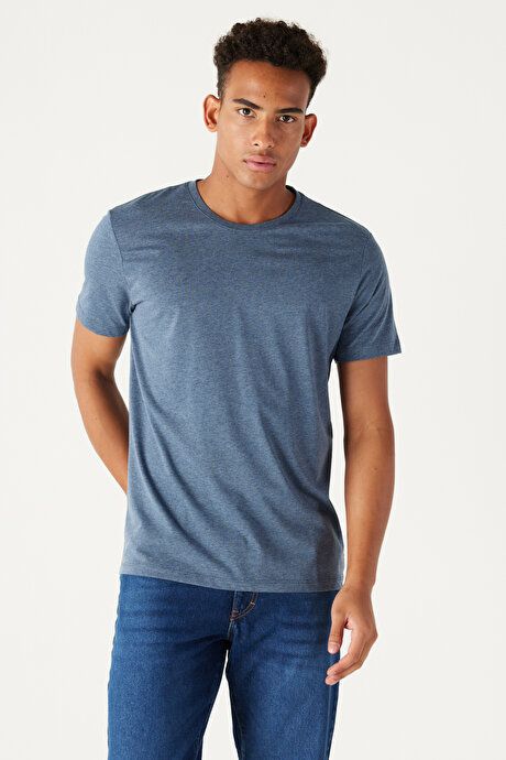 Slim Fit Slim Fit Crew Neck 100% Cotton Short Sleeve Indigo Melange T-Shirt 4A4800000001INJ