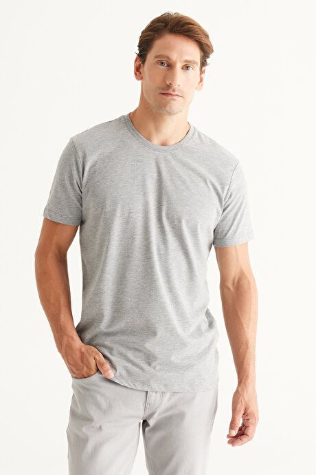 Slim Fit Slim Fit Crew Neck 100% Cotton Short Sleeve Dark Gray-Melange T-Shirt 4A4800000001KGN