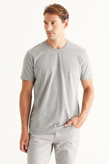 Slim Fit Slim Fit Crew Neck 100% Cotton Short Sleeve Dark Gray-Melange T-Shirt 4A4800000001KGN