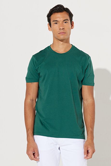 Slim Fit Slim Fit Crew Neck 100% Cotton Short Sleeve Dark Green T-Shirt 4A4800000001KYS