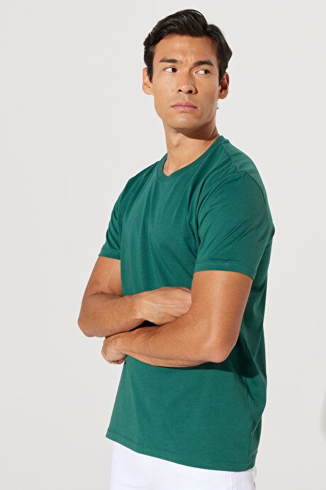 Slim Fit Slim Fit Crew Neck 100% Cotton Short Sleeve Dark Green T-Shirt 4A4800000001KYS