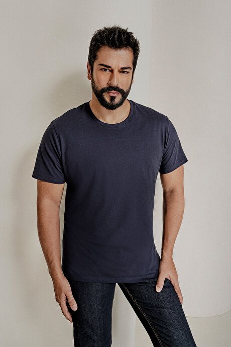 Slim Fit Slim Fit Crew Neck 100% Cotton Short Sleeve Navy Blue T-Shirt 4A4800000001LAC