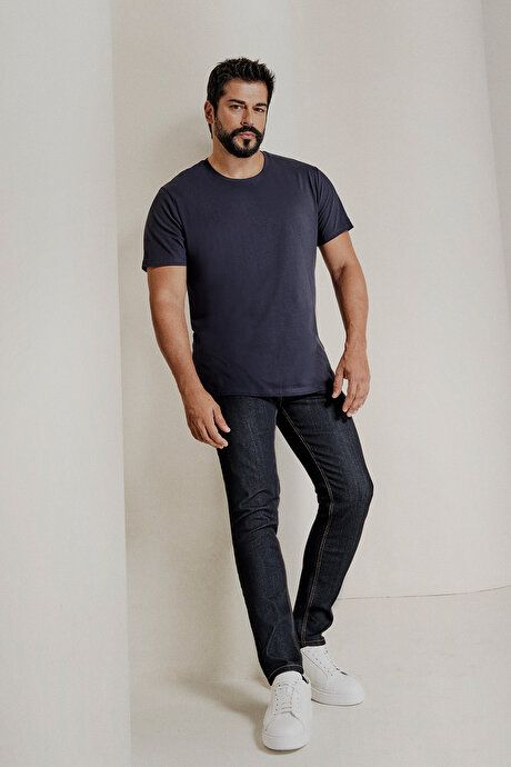 Slim Fit Slim Fit Crew Neck 100% Cotton Short Sleeve Navy Blue T-Shirt 4A4800000001LAC