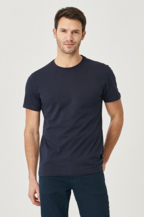 Slim Fit Slim Fit Crew Neck 100% Cotton Short Sleeve Navy Blue T-Shirt 4A4800000001LAC